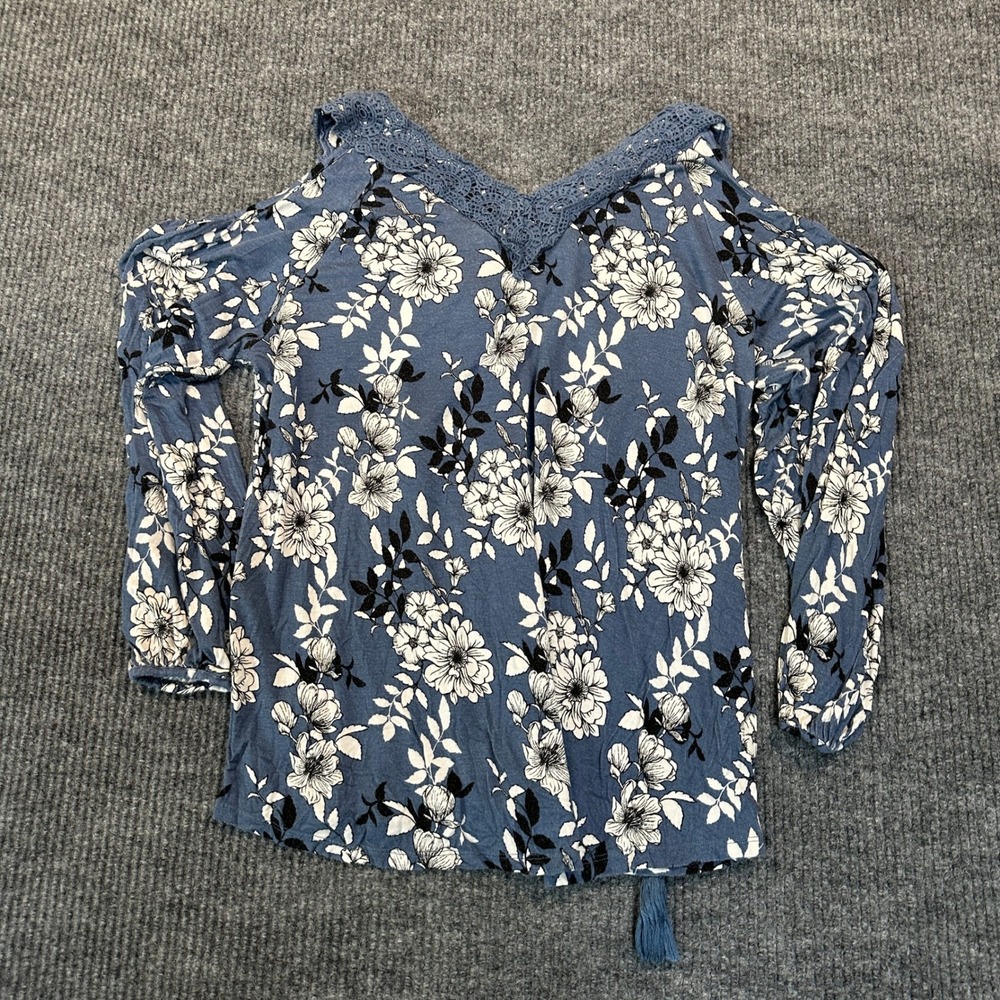 Time and Tru Cold Shoulder Floral Top Large Blue Crochet Lace Rayon Blend - Picture 2 of 7